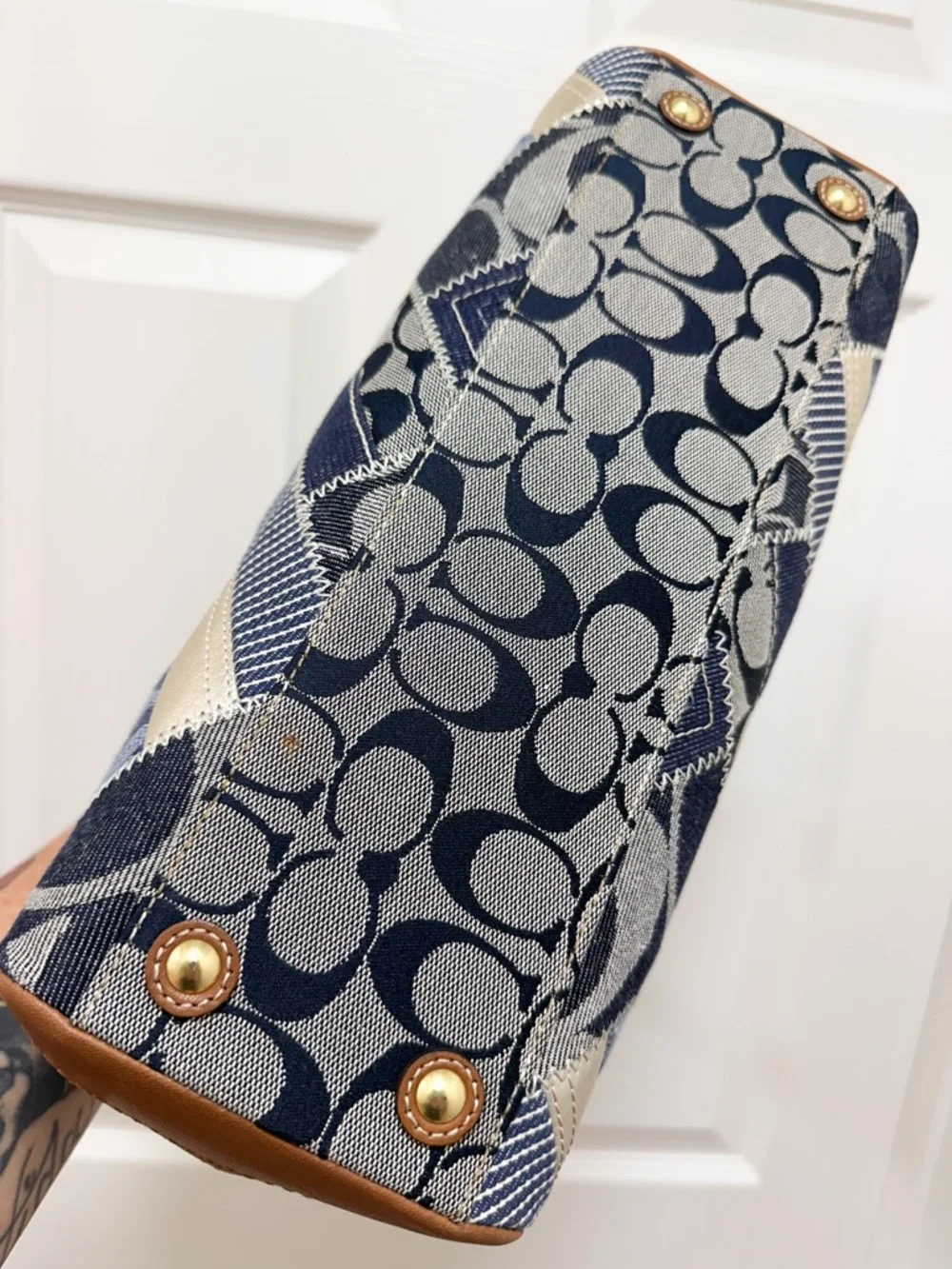 Coach Hamptons Satchel Bag Denim Patchwork Saddle Leather Turnlock